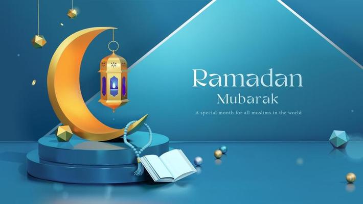 3d Ramadan evening concept scene design. Crescent moon decor displayed on podium with Quran book, rosary and polyhedron shapes. Suitable for Islamic holiday promo.