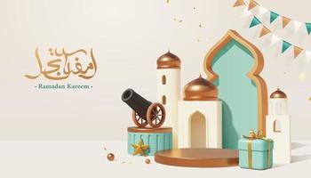 3d Islamic style podium banner for product display. Composition of Arabic door decor, mosque models, gift box and cannon. Calligraphy translation, Ramadan kareem vector