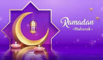 3d Islamic holiday banner template. Crescent moon with a fanoos lantern and white candles floating on water surface. Concept of faith and holiness. vector