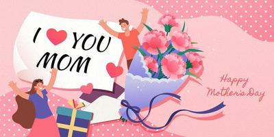 Pink Mother's Day banner. Illustration of a son giving his mother a bouquet of pink carnations and present with a note for Mother's Day on pink background vector