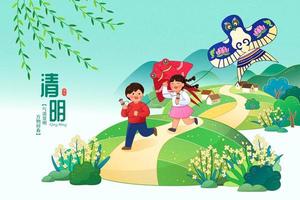 Asian kids going on spring outing and flying goldfish and eagle kites on Qingming Festival. Translation Qingming Festival. The clearness and brightness of spring scenery bring all things back to life vector