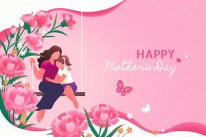 Pink Mother's Day greeting card. Illustration of a daughter hugging her mother on a swing with carnations on pink background vector