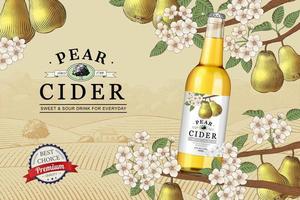 Pear cider promo ad. 3D Illustration of pear cider glass bottle surrounded with engraved pear branch on orchard background vector