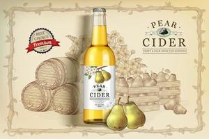 Pear cider banner ad. Pear cider bottle in 3d illustration with engraved style pears, wooden barrels dispenser, and fruit crates vector