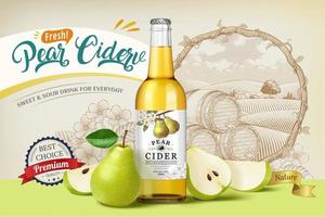 Pear cider banner ad. 3D Illustration of pear cider bottle with pear fruit and its wedges on retro engraving field background vector