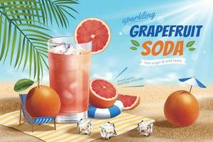 pomelo soda bandera anuncio. 3d ilustración de un vaso de frío pomelo soda con hielo cubitos y cortar pomelo en el arena a un tropical playa vector