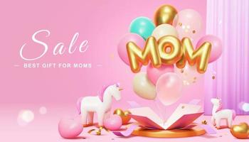 3d Mother's Day sale promo template. Colorful MOM balloon phrase surprise box display on stage, decorated with cute unicorn toys and curtain. vector