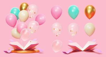 3d party surprise box set of colorful balloons flying out of open present boxes. Suitable for holiday or flash sale promo. vector