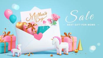 3d Mother's Day sale promo banner template. Huge envelope with gifts, shopping bag and cute unicorn toys. vector
