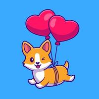 Cut Corgi Dog Floating With Heart Love Balloon Cartoon Vector Icon Illustration. Animal Love Icon Concept Isolated Premium Vector. Flat Cartoon Style