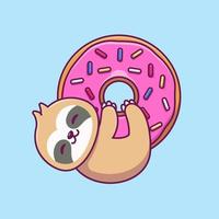 Cute Sloth Hug Big Doughnut Cartoon Vector Icon Illustration. Animal Food Icon Concept Isolated Premium Vector. Flat Cartoon Style