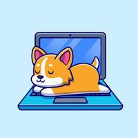 linda corgi perro dormido en ordenador portátil dibujos animados vector icono ilustración. animal tecnología icono concepto aislado prima vector. plano dibujos animados estilo