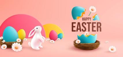 Easter poster and banner template with Colorful Easter eggs in the nest and Cute Bunny on light pink background.Greetings and presents for Easter Day.Promotion and shopping template for Easter vector