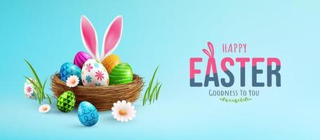 Easter poster and banner template with Easter eggs and bunny ears in the nest.Greetings and presents for Easter Day in flat lay styling.Promotion and shopping template for Easter vector