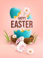 Easter poster and banner template with Easter eggs in the nest and Cute Bunny on light pink background.Greetings and presents for Easter Day.Promotion and shopping template for Easter vector