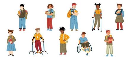 Disabled and healthy kids students, children set vector