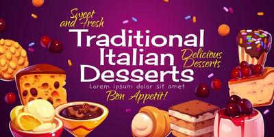 Italian desserts poster with cakes, tiramisu vector