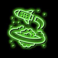 rocket flying around planet neon glow icon illustration vector