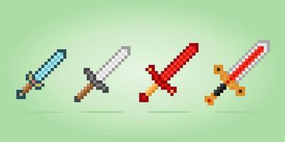 8 bit pixel sword. weapons pixel for game assets and cross stitch patterns in vector illustrations.