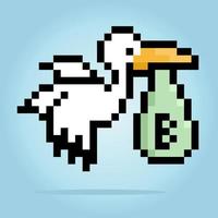 Un píxel de 8 bits de una cigüeña lleva un bebé con bolsas, un píxel animal para activos de juego y patrones de punto cruzado en ilustraciones vectoriales. vector