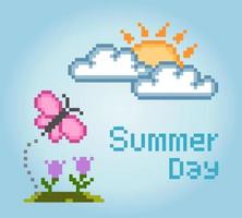 tema de verano de píxeles de 8 bits. temporada en ilustración vectorial. vector