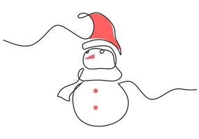 Hand drawing one single continuous line of snowman use santa hat vector