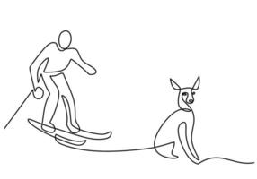 Hand drawing one continuous line of man play ice skate with dog on ice vector