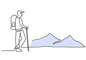 Hand drawing one single continuous line of man hiking vector