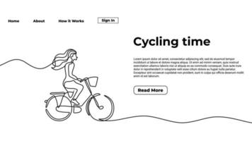 Cycling time one line drawing landing page template. vector