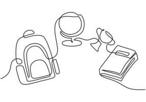 Hand drawing one single continuous line of book, globe, bag and trophy vector