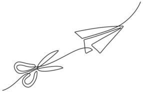 Hand drawing one single continuous line of scissors and paper plane vector