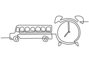 mano dibujo uno soltero continuo línea de autobús y alarma reloj vector