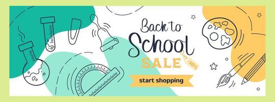 Back to school. Bright horizontal modern banner in sketch style and pastel colors. Attributes for chemistry and drawing, school bell. For advertising banner, website, sale flyer. vector