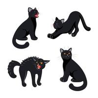 Bright set of cute realistic black cats in different poses, for Halloween. The cat hisses, stretches, meows, sits. Pets. For stickers, posters, postcards, design elements. Cartoon style. vector