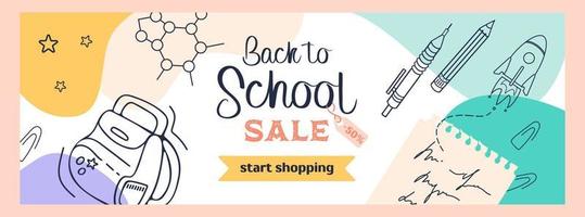 Back to school. Bright horizontal modern banner in sketch style and pastel colors. Learning attributes - molecules, backpack, pens and notebook. For advertising banner, website, advertising flyer vector