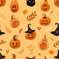 Halloween bright seamless vector pattern. Pumpkin jack-o-lantern, witch hat, autumn leaves, herbs and flowers on a yellow background. For nursery, wallpaper, printing on fabric, wrapping, background