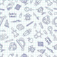 Back to school. Seamless pattern in sketch style. A sheet from a notebook with drawings. Writing utensils - pens, pencils and rulers. For wallpaper, printing on fabric, wrapping. vector