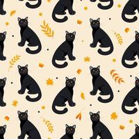 Víspera de Todos los Santos sin costura modelo negro gato, otoño hojas, hierbas y caramelo en naranja tonos ligero beige antecedentes. brillante ilustración dibujos animados estilo. para fondo de pantalla, impresión en tela, envase, antecedentes. vector