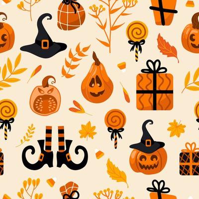 Halloween bright seamless vector pattern. Pumpkin jack-o-lantern, witch hat, striped stockings, shoes, lollipop, gifts, autumn leaves. For nursery, wallpaper, printing on fabric, wrapping, background.