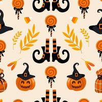 Halloween bright seamless vector pattern. Pumpkin jack-o-lantern, witch hat, striped stockings, shoes, lollipop, gifts, autumn leaves. For nursery, wallpaper, printing on fabric, wrapping, background.