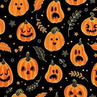 Vector seamless pattern cute illustration graphic drawing in vintage style for Halloween. Pumpkin jack lantern. Autumn leaves, witches and magic. For wallpaper, printing on fabric, wrapping