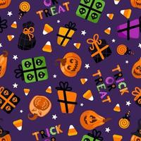 Halloween bright seamless vector pattern. Pumpkin lantern, witch hat, striped stockings, shoes, lollipops, gifts, stars, candy Corn. For nursery, wallpaper, printing on fabric, packaging, background