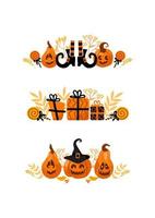 Halloween bright set vector illustration. Pumpkin jack-o-lantern, witch hat, striped stockings, shoes, lollipop, gifts. For stickers, posters, postcards, design