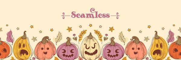 Vintage Halloween seamless border of Jack o lantern. Multicolored bright Pumpkins in sketchy style with scary and funny faces, beige background. For website, posters, fabric prints, design elements. vector