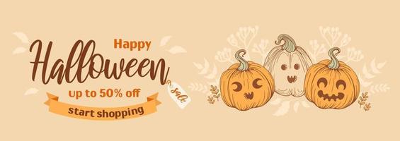 Happy halloween sale. Bright horizontal banner in sketchy style, vintage earthy tones. Jack o lantern. Pumpkin with funny and cheerful, autumn leaves. For advertising banner, poster, flyer vector