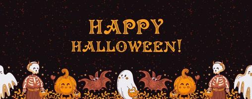 Happy Halloween. Cute ghosts, a skeleton, a pumpkin and a bat are caroling. Cartoon style. Horizontal seamless border. Autumn leaves, stars. Vintage font. For website, posters, fabric, design elements vector