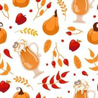 Pumpkin spice lover. international coffee day. Glass with latte foam, pumpkins, autumn leaves and apples. Seamless pattern for cafes, shops, menus, wallpaper, printing on fabric, wrapping. vector