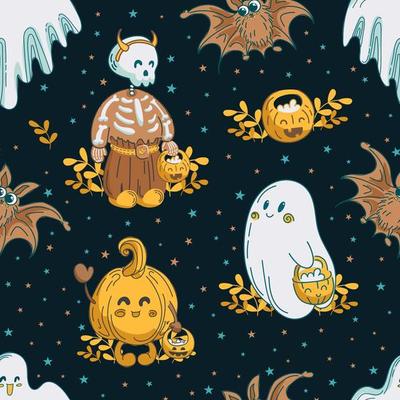Seamless pattern, adorable Halloween characters. Cute ghosts, a skeleton, a pumpkin and a bat are caroling. Trick or treat. jack o lantern. vintage lettering. For wallpaper, fabric, wrapping