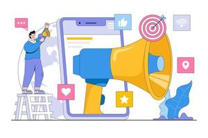 Mobile marketing, digital commercial or advertisement in phone app concept. Man shouting in megaphone near smartphone screen. Outline design style minimal vector illustration for landing page