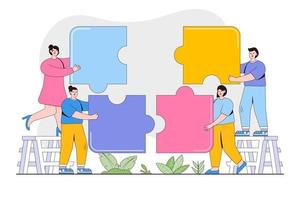 Business teamwork, cooperation, partnership concept. People connecting puzzle elements. Outline design style minimal vector illustration for landing page, web banner, infographics, hero images